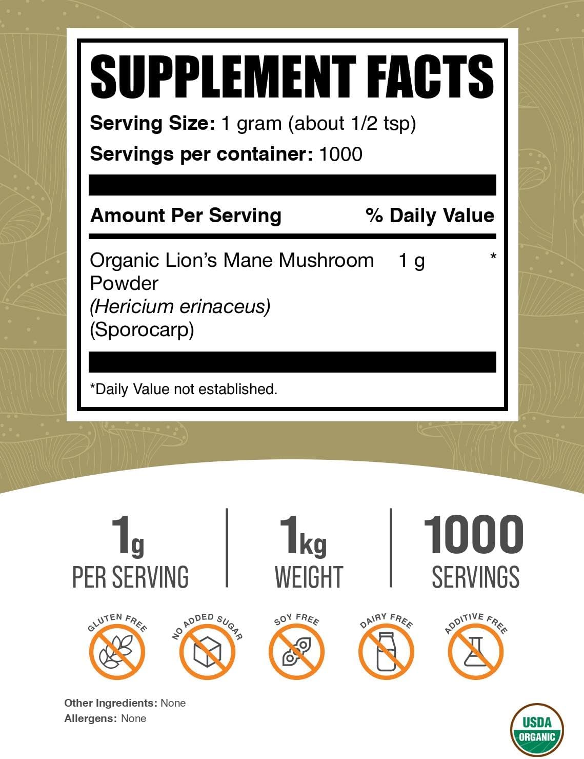 Organic Lions Mane Mushroom Powder - 1000mg per Serving, Gluten Free Supplement Powder - 1kg (2.2 lbs) Pack of 1
