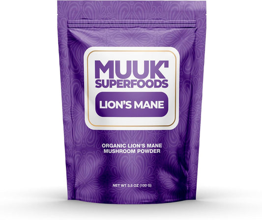 Organic Lion's Mane Mushroom Powder - 3.5 oz (100g) Made in USA | MUUK' SUPERFOODS - 60 Servings