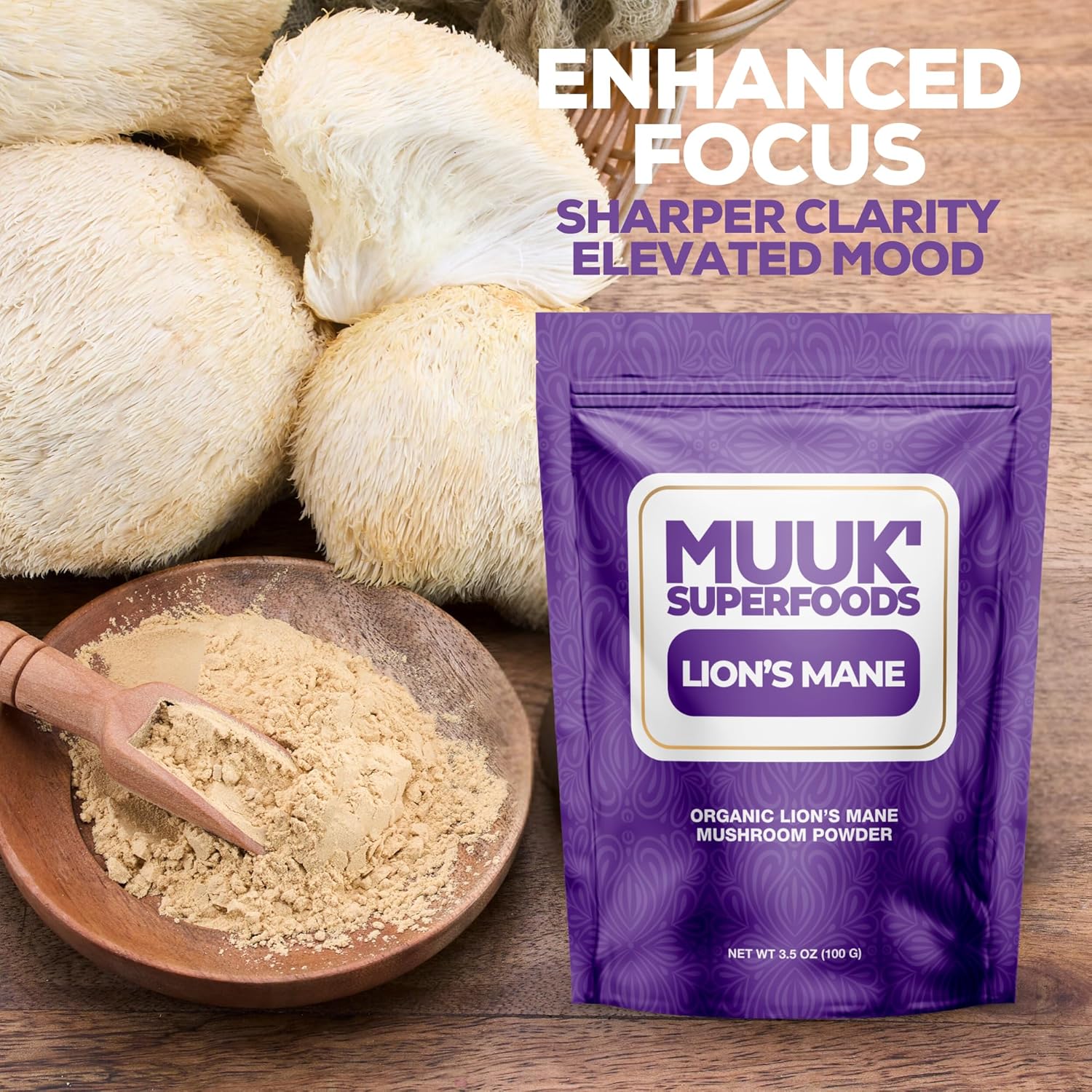 Organic Lion's Mane Mushroom Powder - 3.5 oz (100g) Made in USA | MUUK' SUPERFOODS - 60 Servings