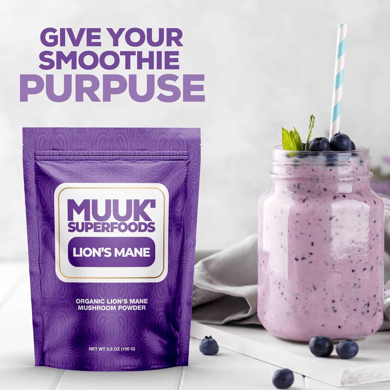 Organic Lion's Mane Mushroom Powder - 3.5 oz (100g) Made in USA | MUUK' SUPERFOODS - 60 Servings