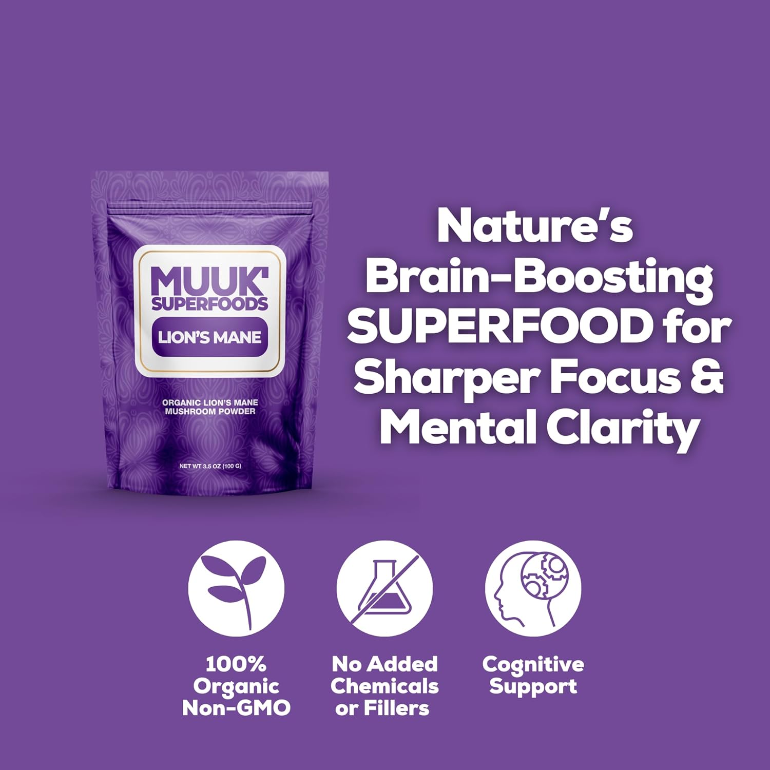 Organic Lion's Mane Mushroom Powder - 3.5 oz (100g) Made in USA | MUUK' SUPERFOODS - 60 Servings