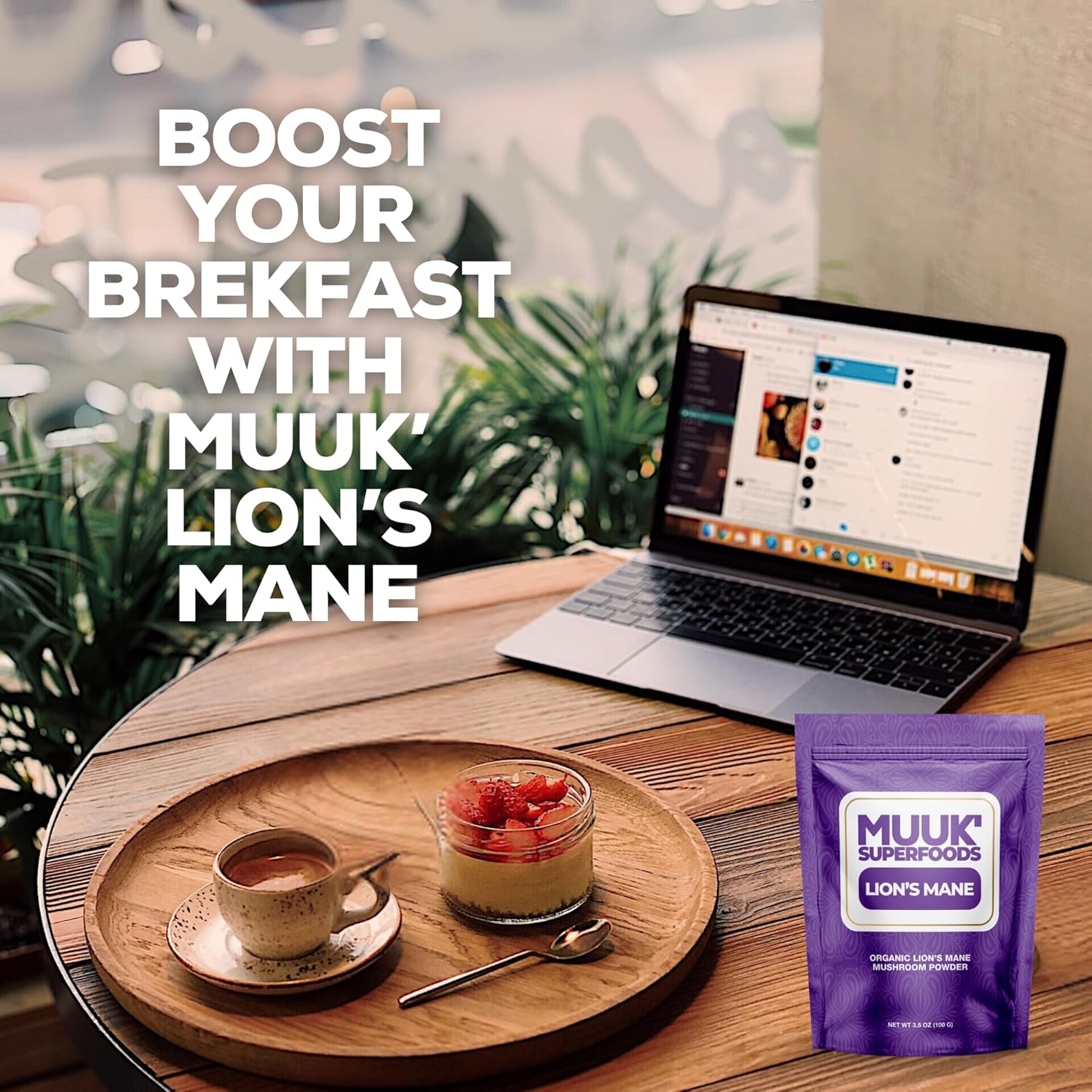 Organic Lion's Mane Mushroom Powder - 3.5 oz (100g) Made in USA | MUUK' SUPERFOODS - 60 Servings