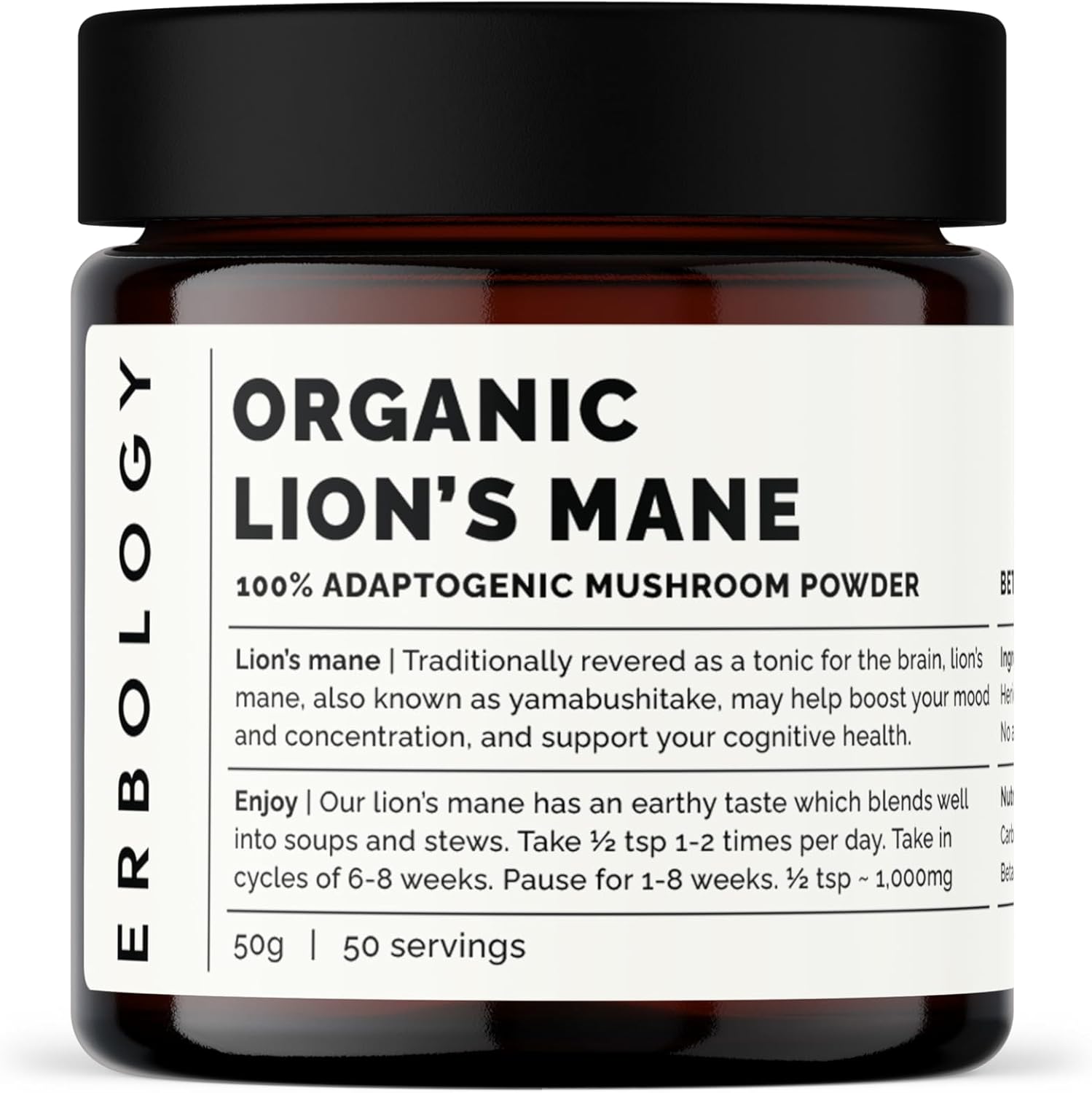 Organic Lion's Mane Mushroom Powder - 50 Servings - 32% Beta-glucans - Calm and Focus Support - European Sustainably Grown - Vegan - Non-GMO - No Fillers