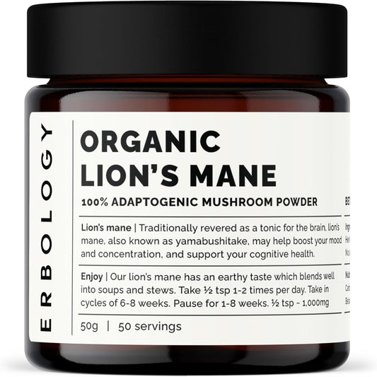 Organic Lion's Mane Mushroom Powder - 50 Servings - 32% Beta-glucans - Calm and Focus Support - European Sustainably Grown - Vegan - Non-GMO - No Fillers