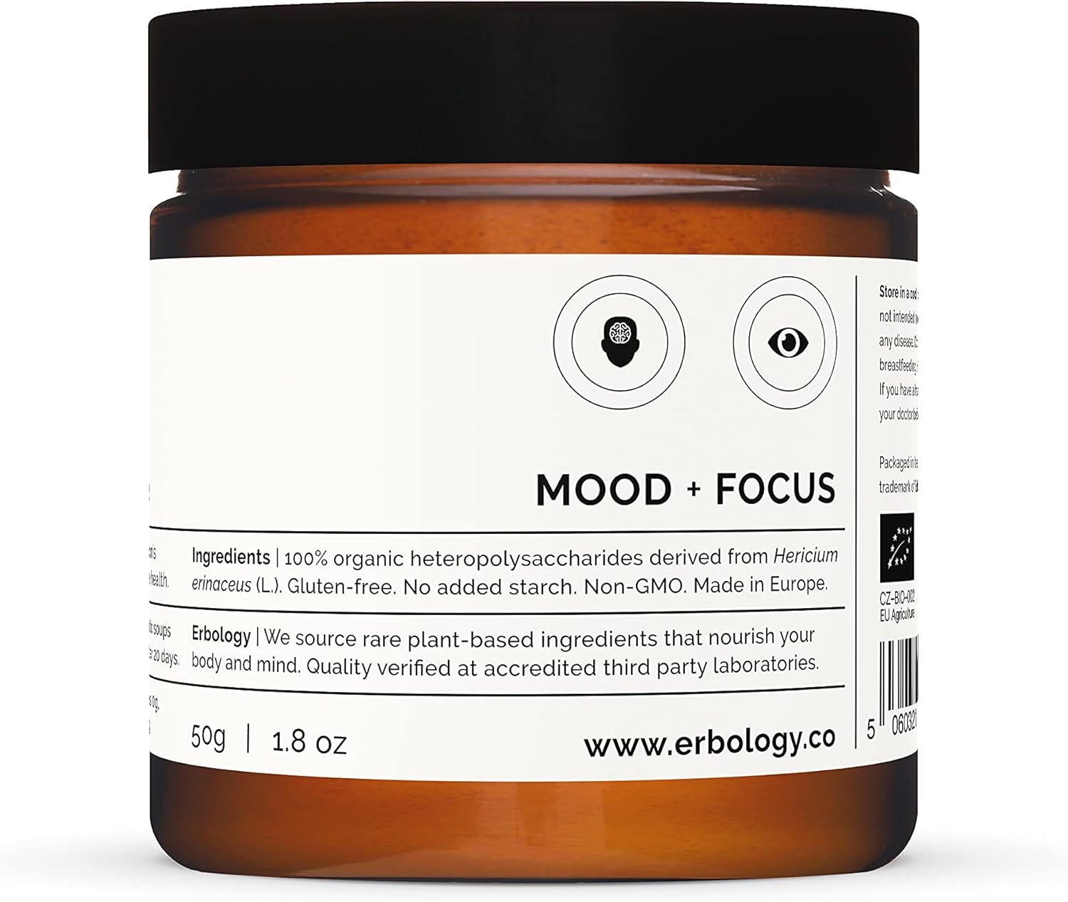 Organic Lion's Mane Mushroom Powder - 50 Servings - 32% Beta-glucans - Calm and Focus Support - European Sustainably Grown - Vegan - Non-GMO - No Fillers