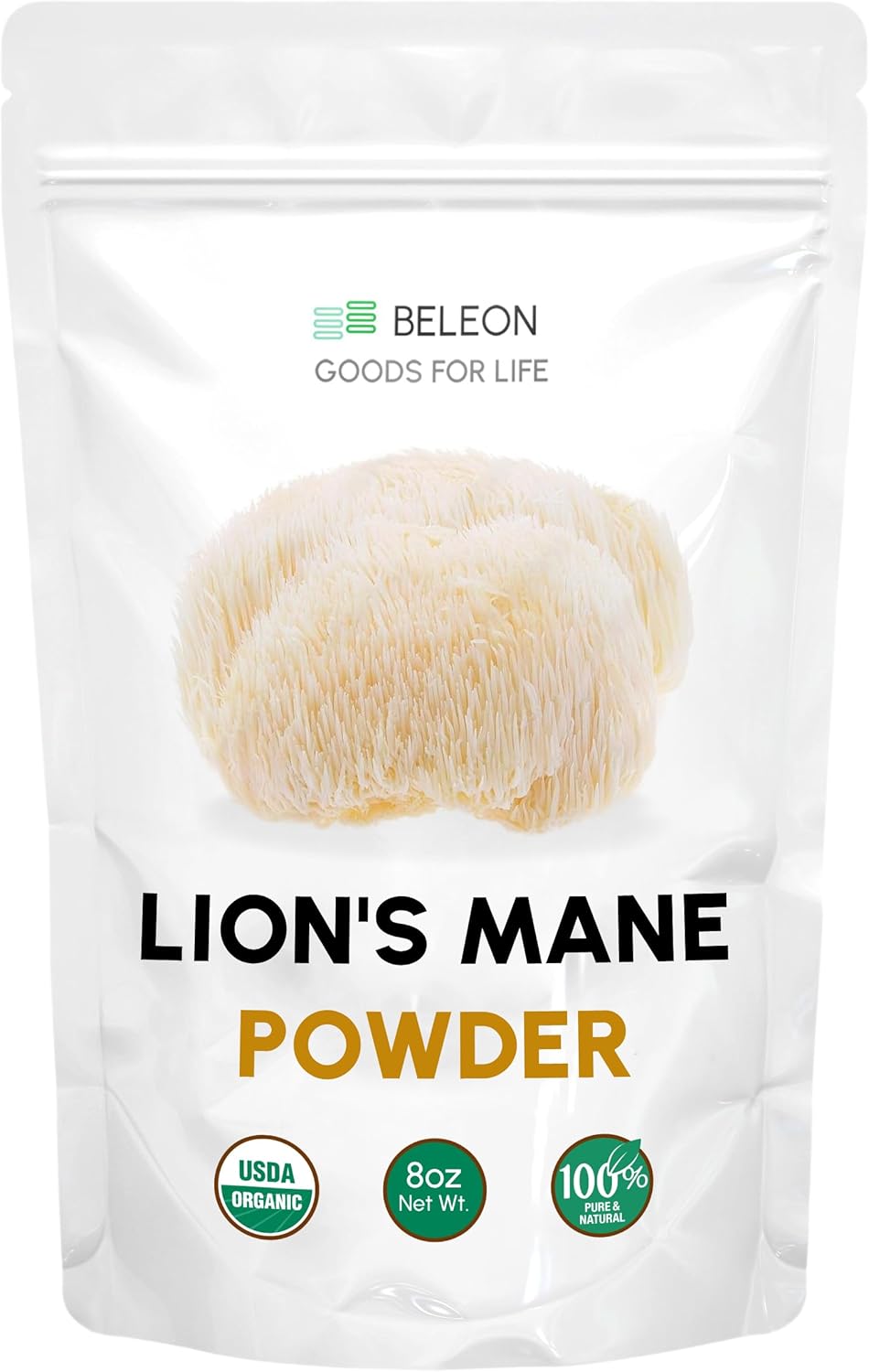 Organic Lions Mane Mushroom Powder 8 oz - Vegan Supplement with Antioxidants by Beleon Goods