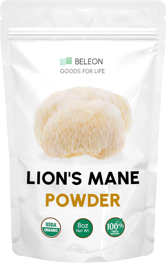 Organic Lions Mane Mushroom Powder 8 oz - Vegan Supplement with Antioxidants by Beleon Goods