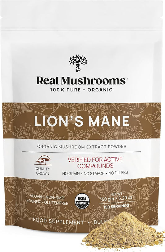 Organic Lions Mane Mushroom Powder for Cognitive Function and Immune Support - Vegan Brain Supplement with Memory and Focus Benefits, 150 Servings
