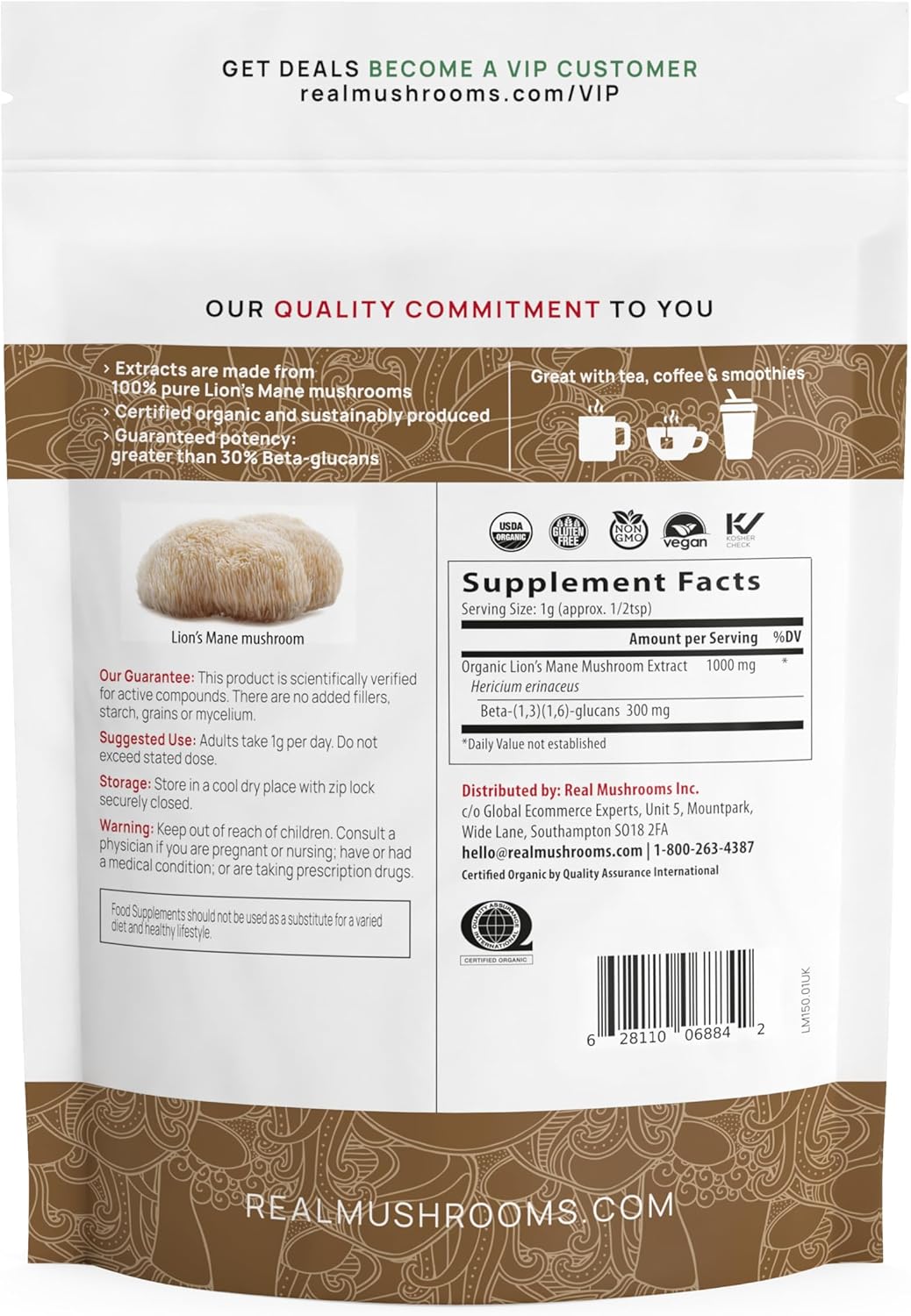 Organic Lions Mane Mushroom Powder for Cognitive Function and Immune Support - Vegan Brain Supplement with Memory and Focus Benefits, 150 Servings