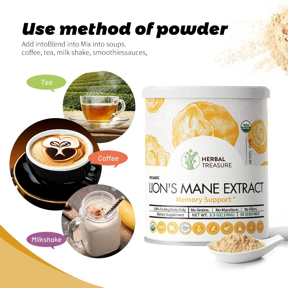 Organic Lions Mane Mushroom Powder for Memory, Concentration, and Mood Support - Non-GMO and Gluten-Free - 50 Servings