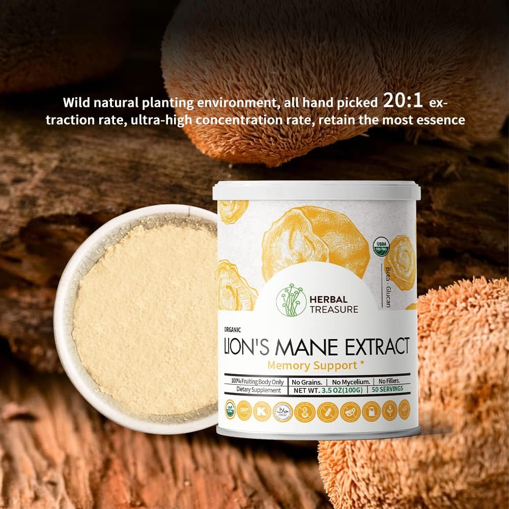 Organic Lions Mane Mushroom Powder for Memory, Concentration, and Mood Support - Non-GMO and Gluten-Free - 50 Servings