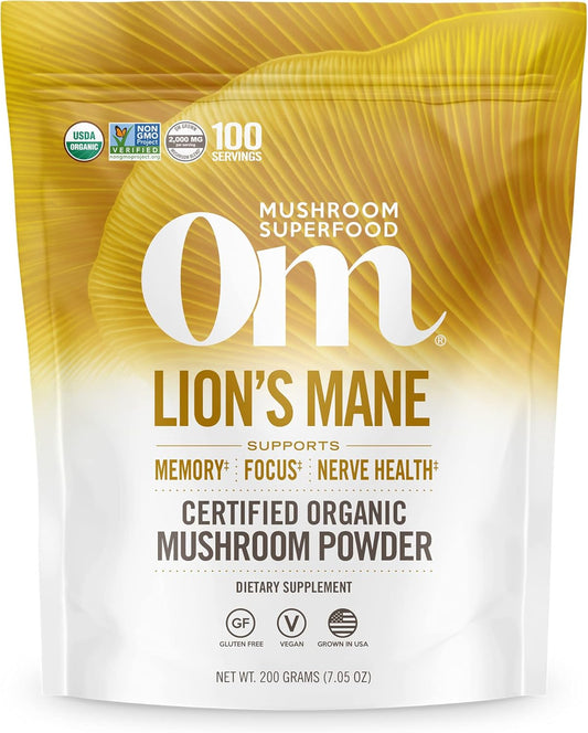 Organic Lion's Mane Mushroom Powder for Memory, Focus, Clarity, Nerve Health, Mood Support - 7.05 oz, 100 Servings