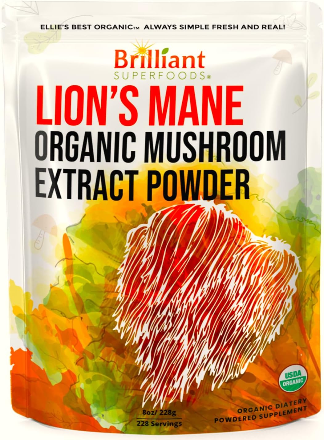 Organic Lions Mane Mushroom Powder Supplement - Double Extracted for Maximum Potency - Dissolves in Coffee, Tea, Juice - 228 Servings - 8oz