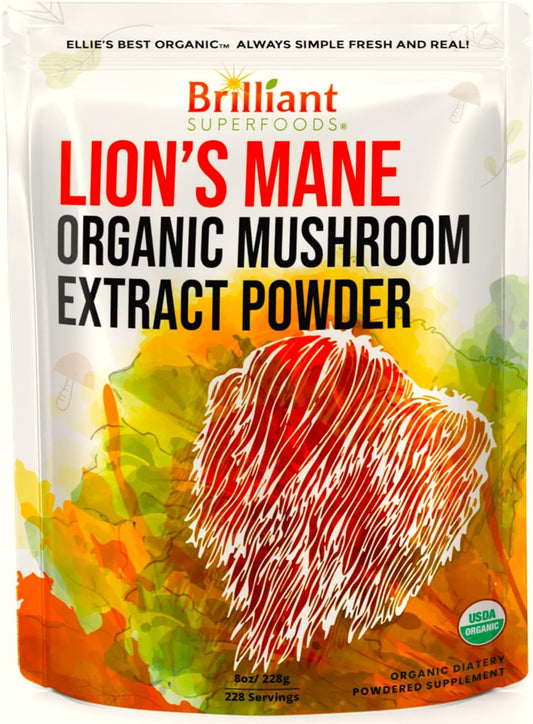 Organic Lions Mane Mushroom Powder Supplement - Double Extracted for Maximum Potency - Dissolves in Coffee, Tea, Juice - 228 Servings - 8oz