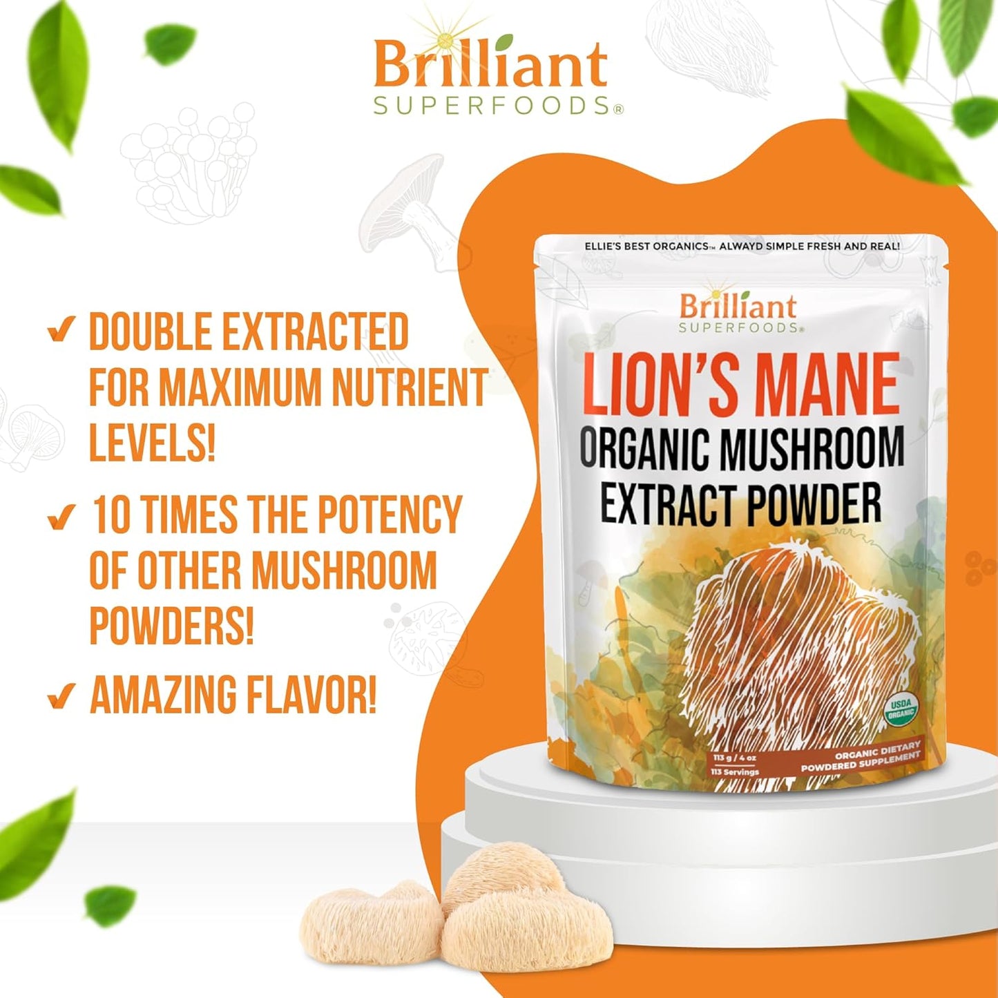 Organic Lions Mane Mushroom Powder Supplement - Double Extracted for Maximum Potency - Dissolves in Coffee, Tea, Juice - 228 Servings - 8oz