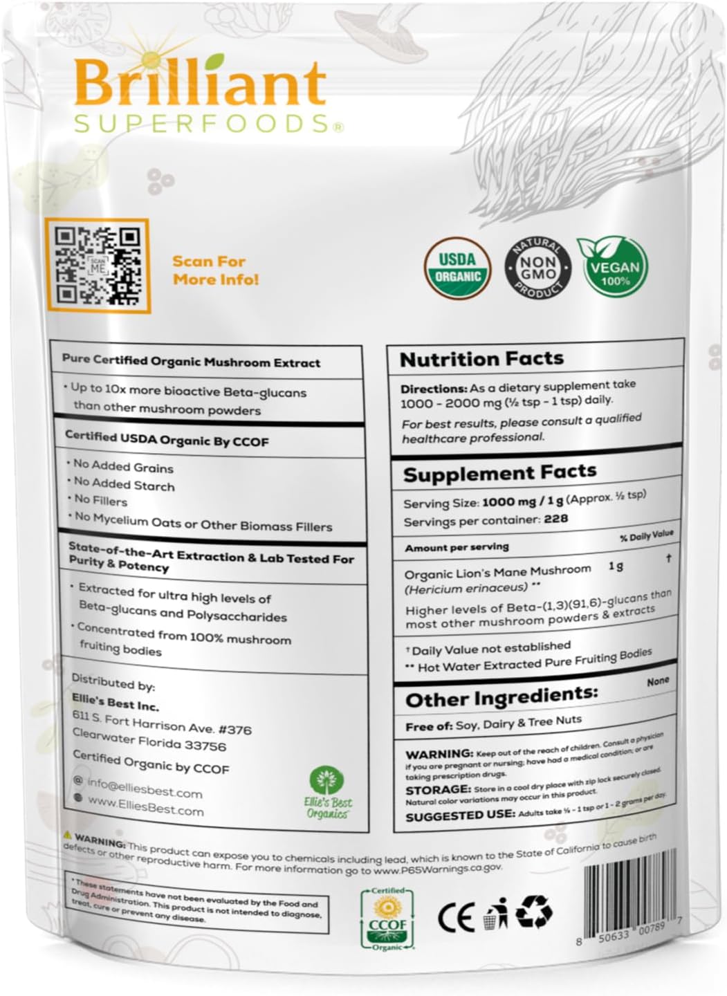 Organic Lions Mane Mushroom Powder Supplement - Double Extracted for Maximum Potency - Dissolves in Coffee, Tea, Juice - 228 Servings - 8oz