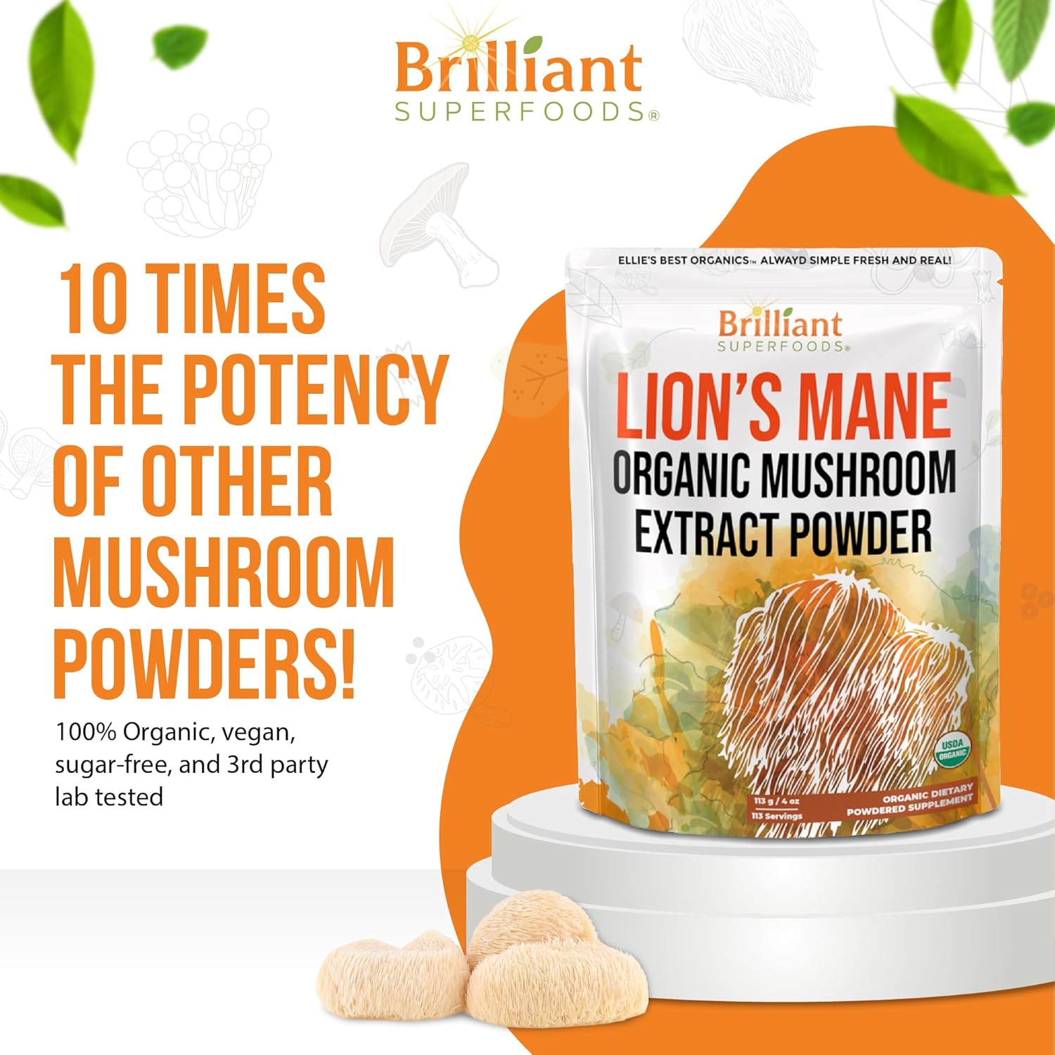 Organic Lions Mane Mushroom Powder Supplement - Double Extracted for Maximum Potency - Dissolves in Coffee, Tea, Juice - 228 Servings - 8oz
