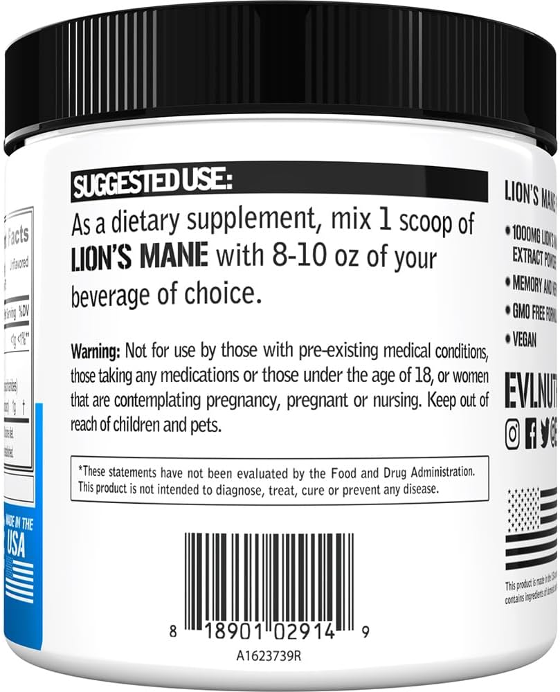 Organic Lion's Mane Mushroom Powder Supplement for Brain Support and Immunity Boost