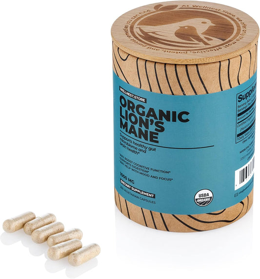 Organic Lions Mane Mushroom Supplement - 200 Veggie Capsules for Immune Support, Cognitive Function, Vitality, and Nerve Cell Protection