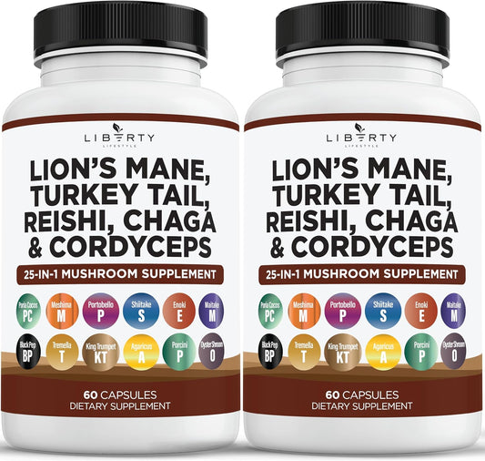 Organic Lions Mane Mushroom Supplement Bundle with Reishi, Cordyceps, Chaga, and Marshmallow Root - 2 Pack