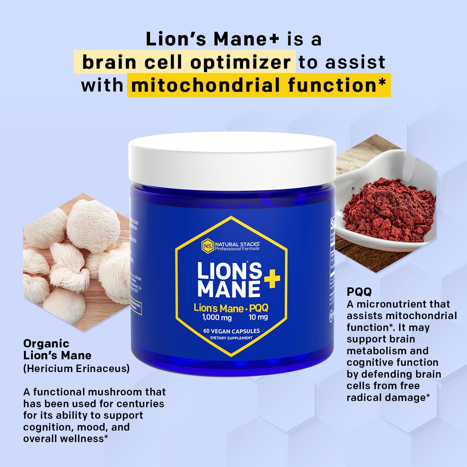 Organic Lions Mane Mushroom Supplement Capsules - Brain Cell Optimizer for Memory & Learning - 60 Capsules