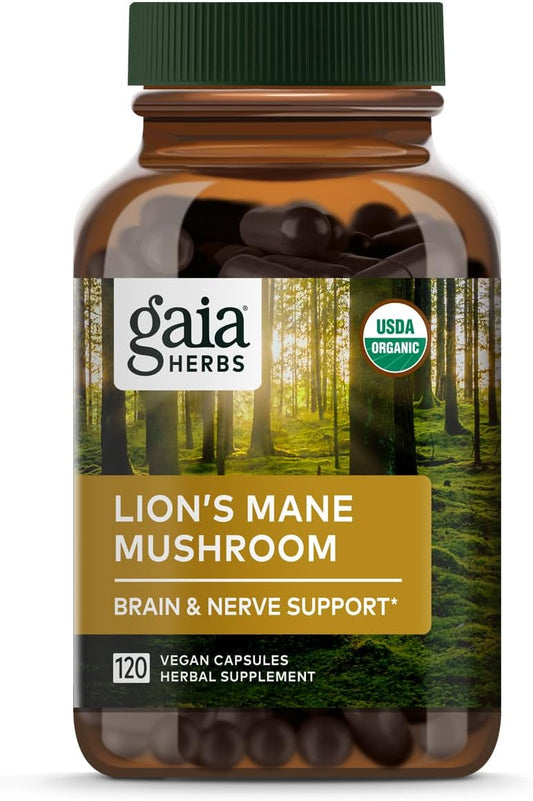 Organic Lion's Mane Mushroom Supplement for Brain & Nerve Health - 120 Vegan Capsules - Neurological Support Formula by Gaia Herbs