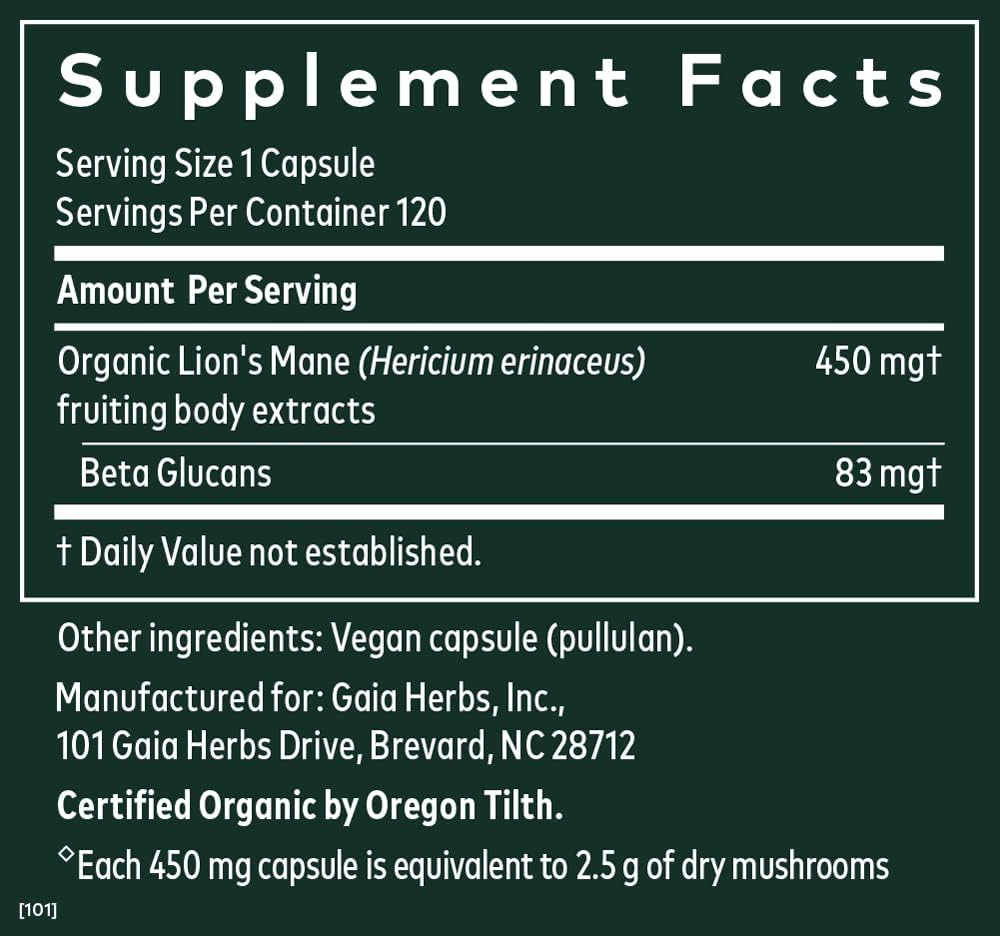 Organic Lion's Mane Mushroom Supplement for Brain & Nerve Health - 120 Vegan Capsules - Neurological Support Formula by Gaia Herbs