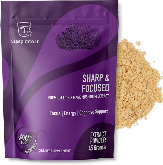 Organic Lions Mane Mushroom Supplement for Mental Clarity and Focus - 45g Extract Powder (30 Servings) - Boost Cognitive Function
