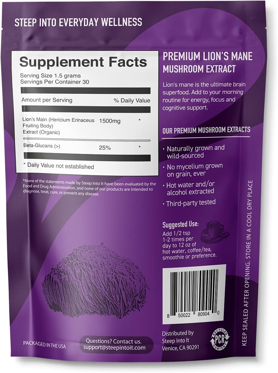 Organic Lions Mane Mushroom Supplement for Mental Clarity and Focus - 45g Extract Powder (30 Servings) - Boost Cognitive Function