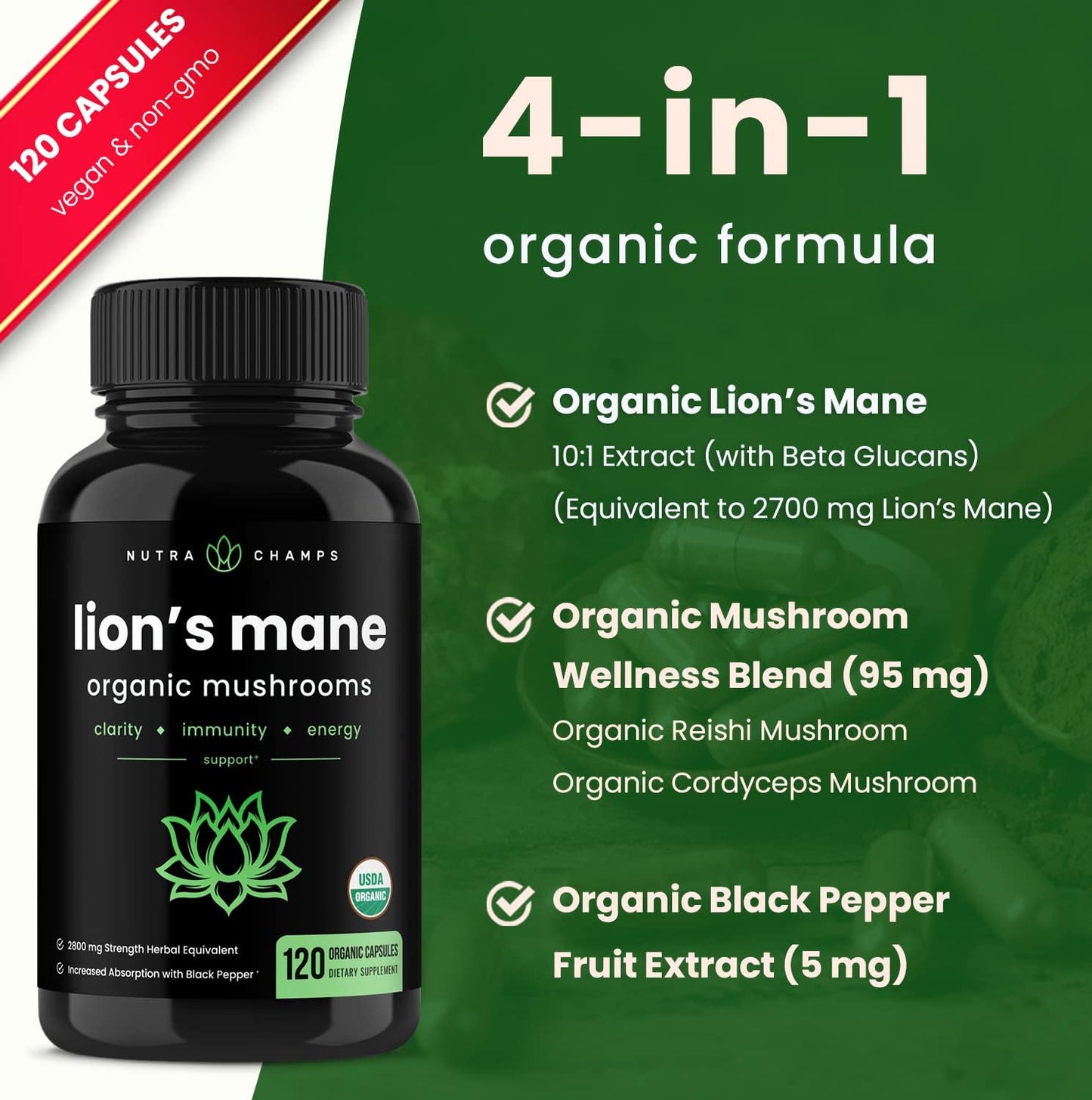Organic Lions Mane Mushroom Supplement for Mental Clarity and Immune Support (2 Month Supply)