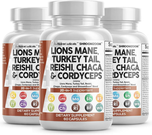 Organic Lions Mane Mushroom Supplement with 20 Nutraceuticals - 3 Pack