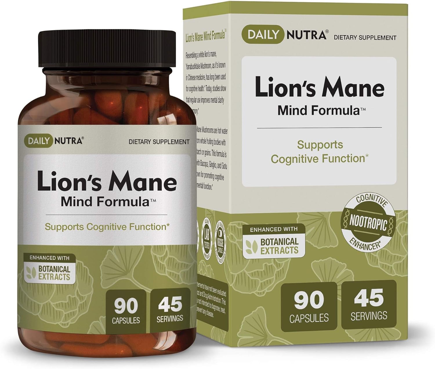 Organic Lion’s Mane Nootropic Supplement for Cognitive Health - Mushroom Extract with Bacopa, Gingko, and Gota Kola (90 Capsules)