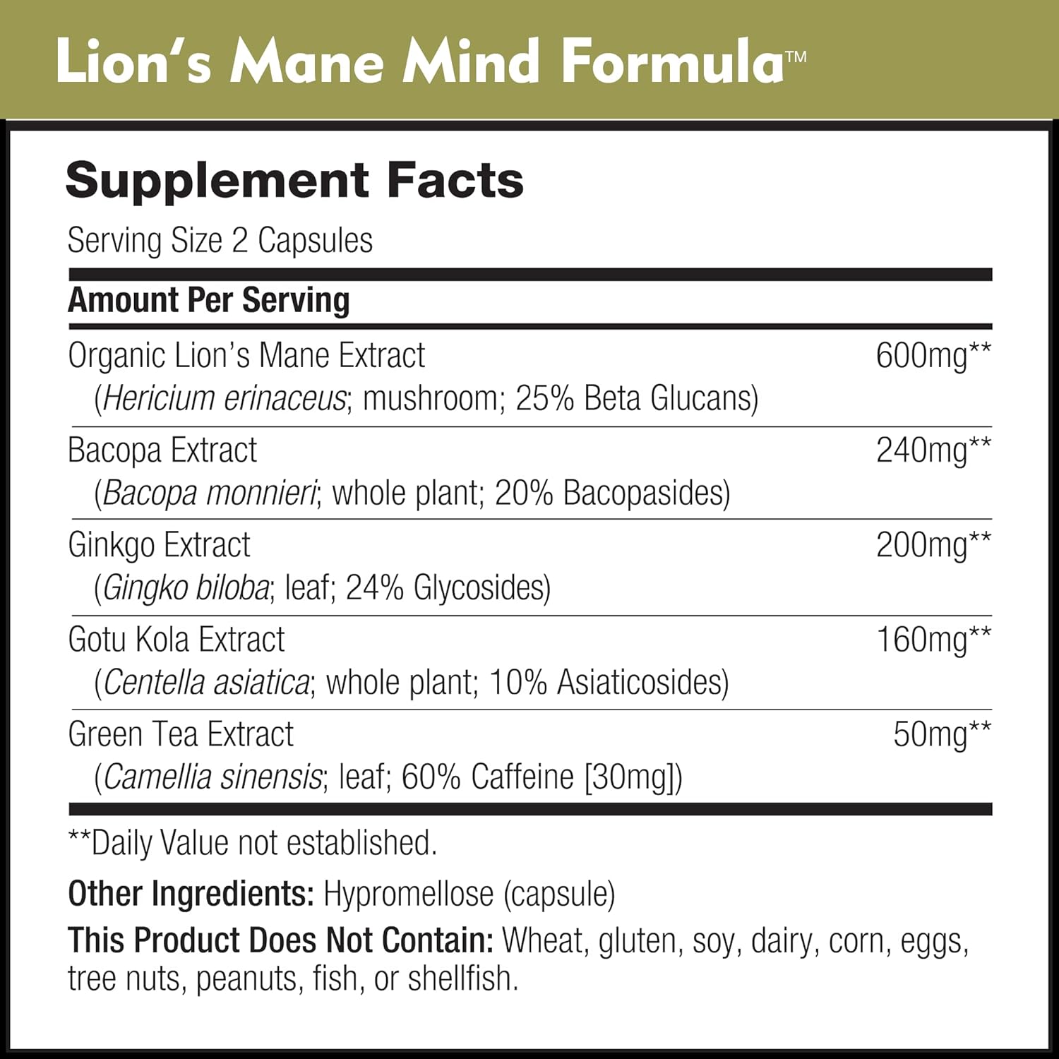 Organic Lion’s Mane Nootropic Supplement for Cognitive Health - Mushroom Extract with Bacopa, Gingko, and Gota Kola (90 Capsules)