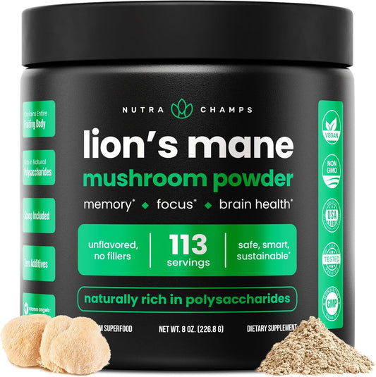 Organic Lions Mane Powder 2000mg - Powerful Memory & Focus Nootropic Supplement with Beta-Glucans - Vegan 8oz Mushroom Powder for Immune Support