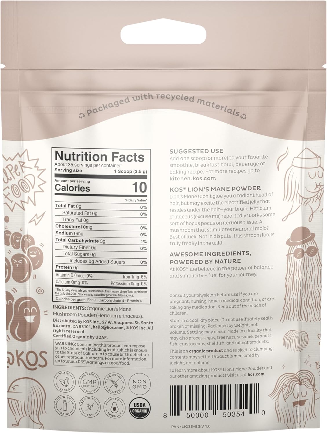 Organic Lion's Mane Powder: Vegan Nootropic Superfood for Focus - USDA Certified, Non-GMO, Plant Based - 35 Servings