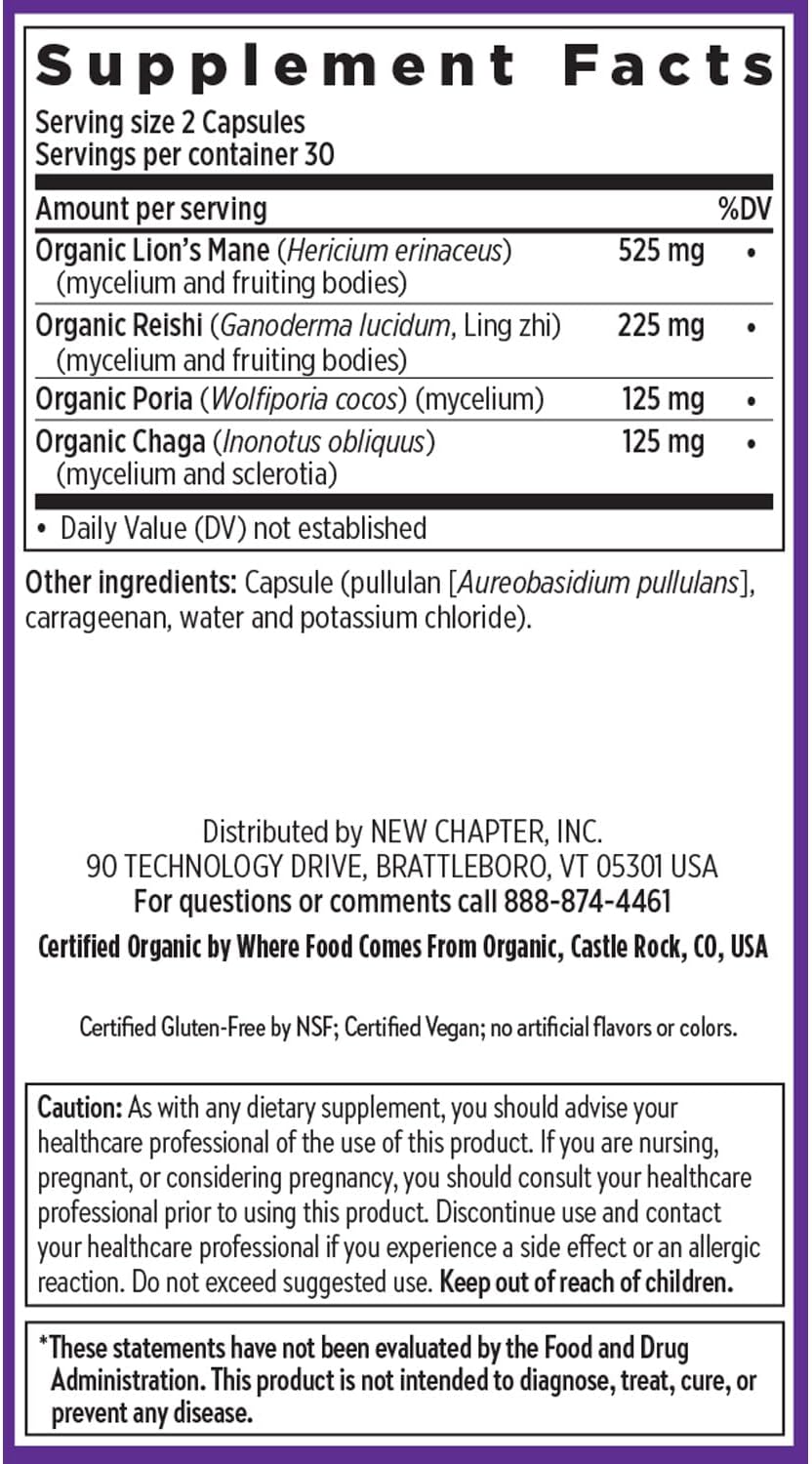 Organic Lion's Mane + Reishi Mushroom Nootropic Supplement for Mental Clarity - Vegan and Non-GMO - 60 ct