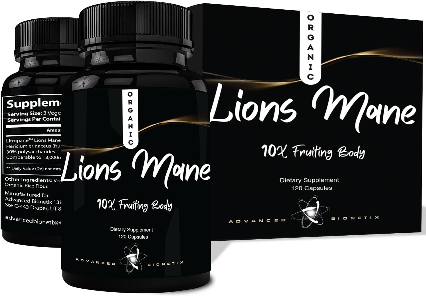 Organic Lions Mane Supplement 120 Capsules - Advanced Brain and Immune Support with 10X Extract and Patent Pending Litropane™