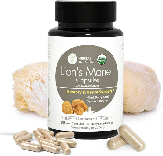 Organic Lions Mane Supplement Capsules for Mental Clarity and Focus - 800mg Organic Mushroom Powder - 90 Caps