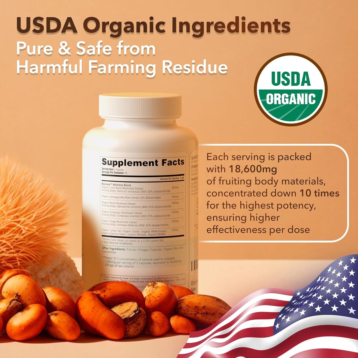 Organic Lions Mane Supplement Capsules with Adaptogenic Mushroom Complex - Energy, Focus, Immunity - 18,600mg/serv - USDA Certified - Etta Vita