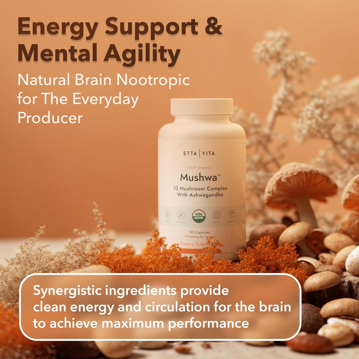 Organic Lions Mane Supplement Capsules with Adaptogenic Mushroom Complex - Energy, Focus, Immunity - 18,600mg/serv - USDA Certified - Etta Vita