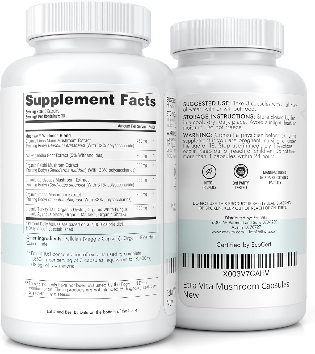 Organic Lions Mane Supplement Capsules with Adaptogenic Mushroom Complex - Energy, Focus, Immunity - 18,600mg/serv - USDA Certified - Etta Vita