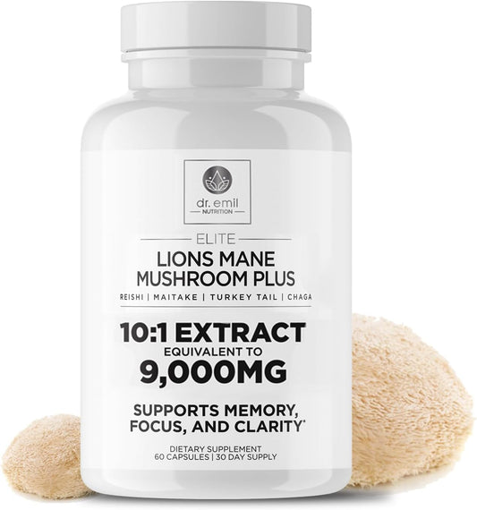 Organic Lions Mane Supplement Capsules with Chaga, Reishi & Maitake for Wellness - 9000mg Mushroom Blend by Dr. Emil Nutrition