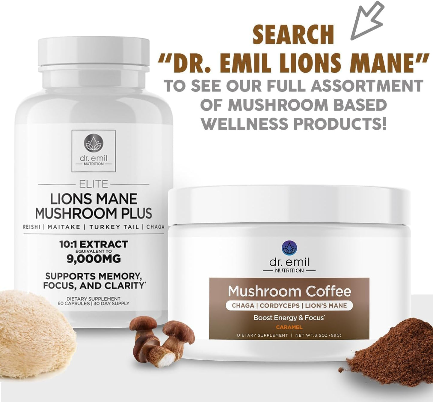 Organic Lions Mane Supplement Capsules with Chaga, Reishi & Maitake for Wellness - 9000mg Mushroom Blend by Dr. Emil Nutrition
