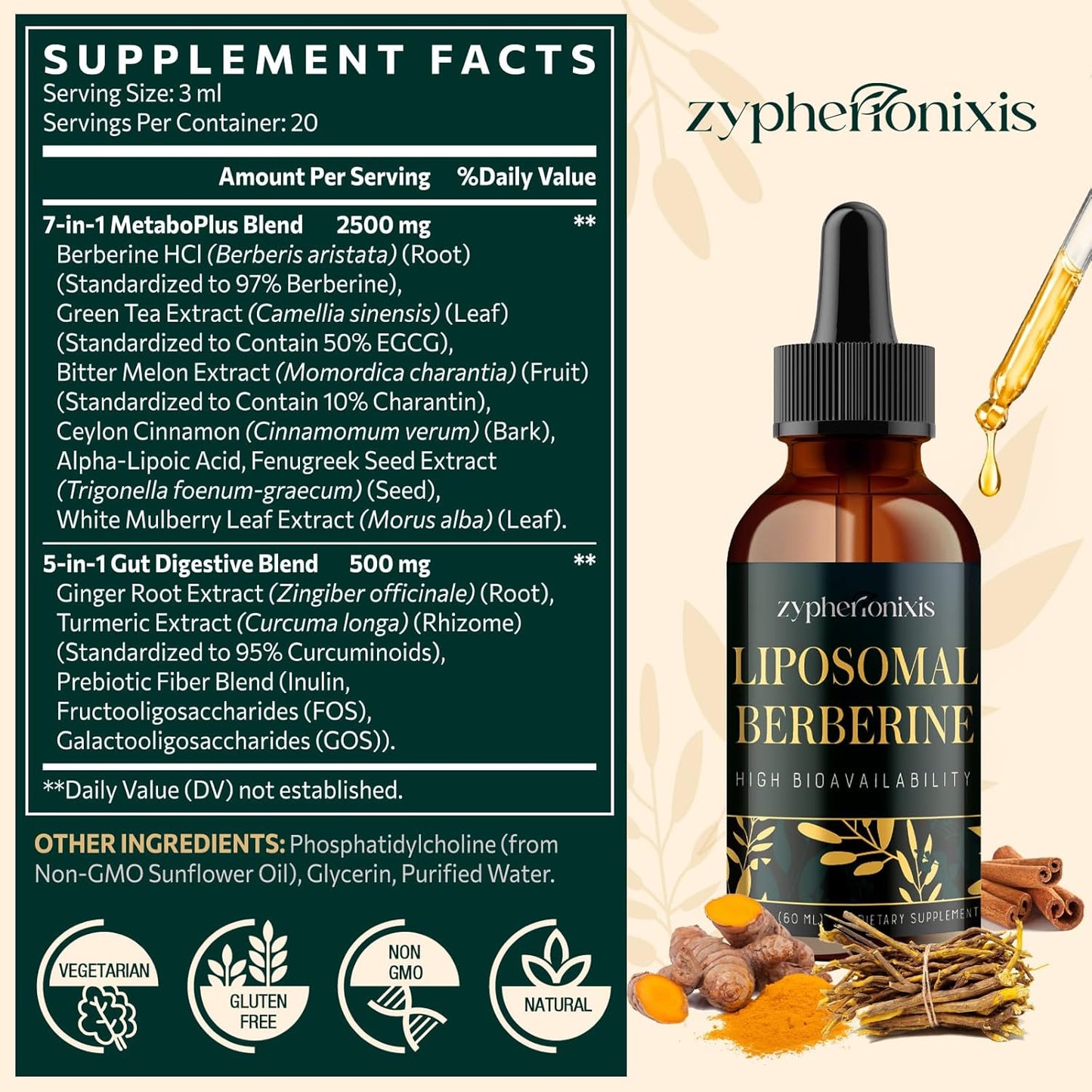 Organic Liposomal Berberine Drops Supplement 3000mg - High Absorption AMPK Activator with Ceylon Cinnamon & Ginger for Immune & Digestion - 2 fl oz