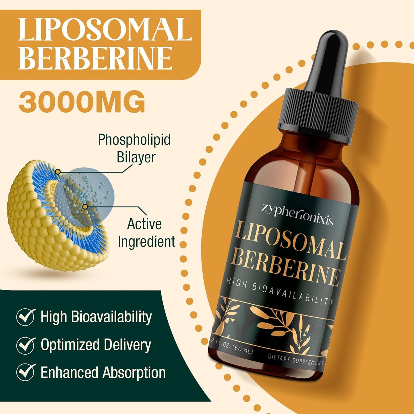 Organic Liposomal Berberine Drops Supplement 3000mg - High Absorption AMPK Activator with Ceylon Cinnamon & Ginger for Immune & Digestion - 2 fl oz