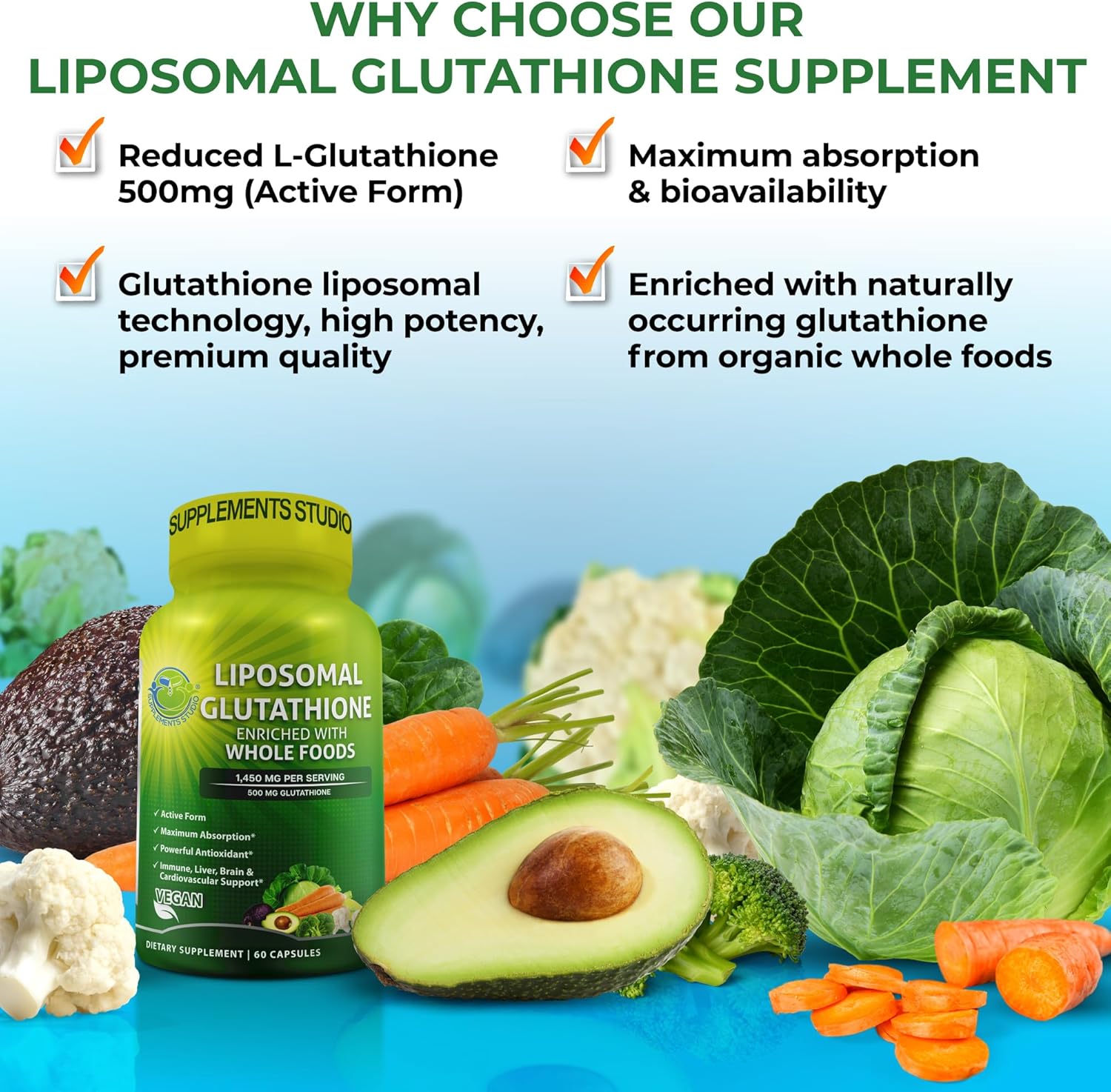 Organic Liposomal Glutathione 500mg with Whole Foods - High Absorption L Glutathione Supplement for Immune & Cardiovascular Health - 60 capsules