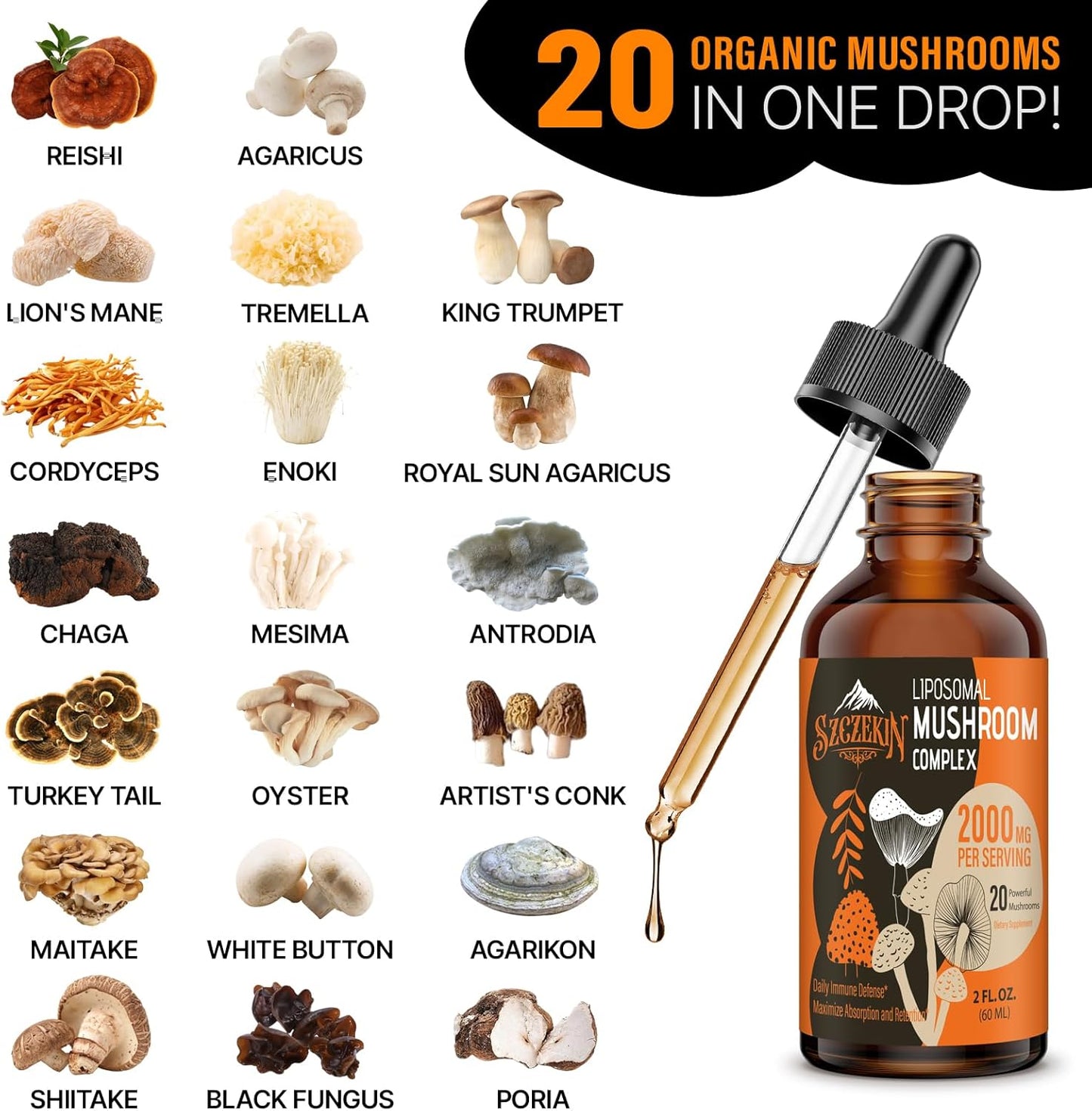 Organic Liposomal Mushroom Complex Drops 2000 MG - Immunity & Cognitive Support - Lions Mane, Reishi, Cordyceps, Chaga - 60 Servings