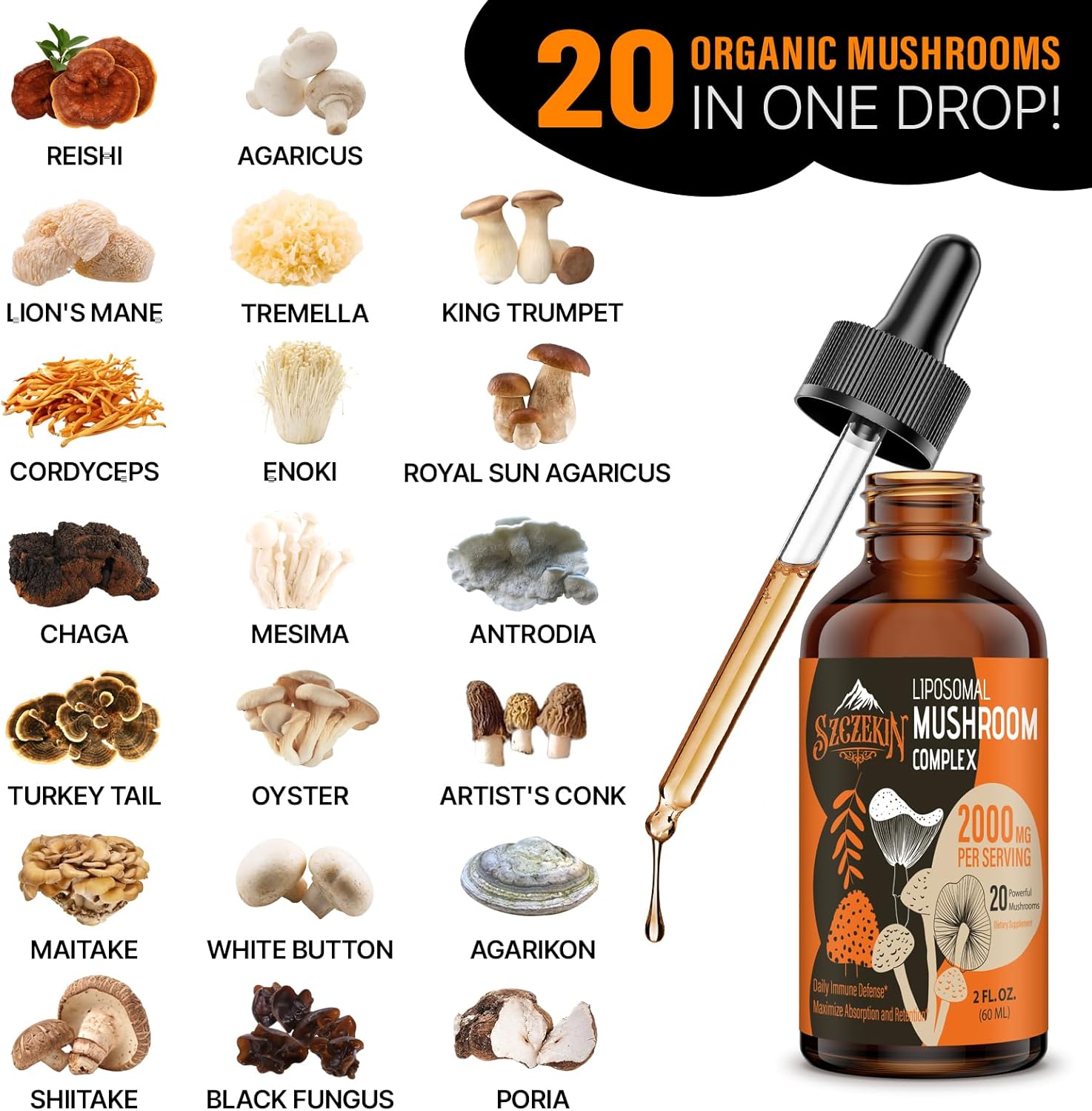 Organic Liposomal Mushroom Complex Drops 2000 MG - Immunity & Cognitive Support - Lions Mane, Reishi, Cordyceps, Chaga - 60 Servings