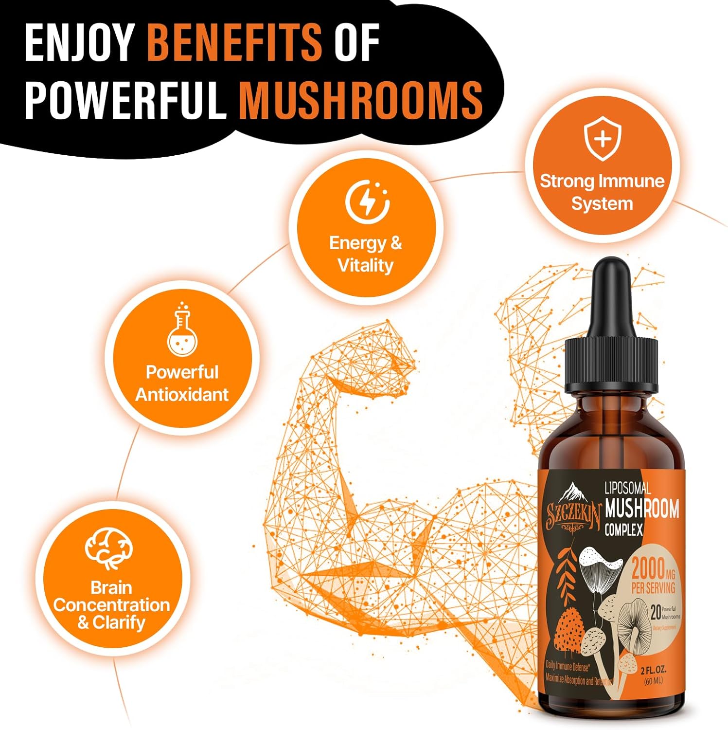 Organic Liposomal Mushroom Complex Drops 2000 MG - Immunity & Cognitive Support - Lions Mane, Reishi, Cordyceps, Chaga - 60 Servings