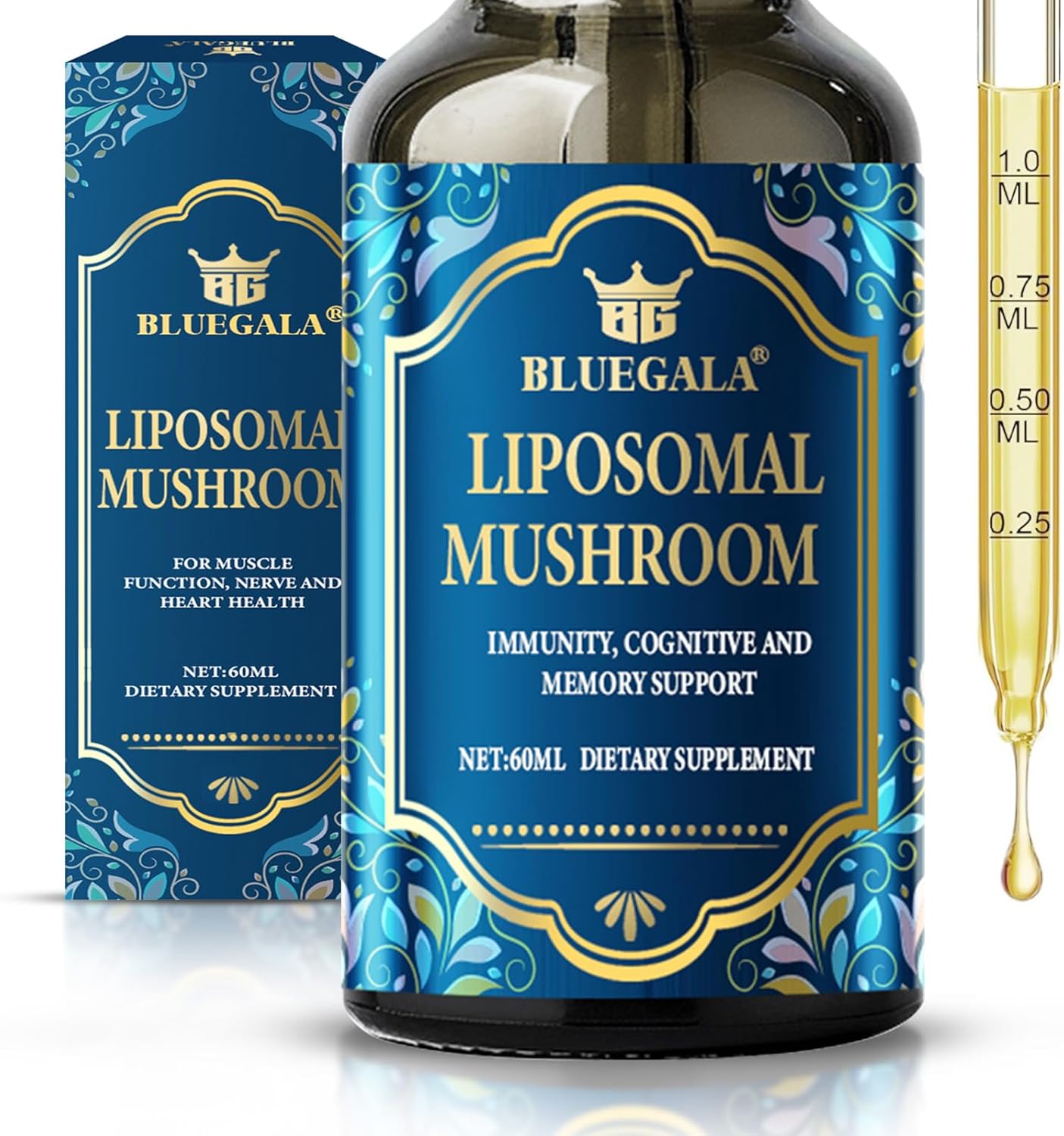 Organic Liposomal Mushroom Complex Drops for Memory, Focus & Cognition - Lion's Mane, Cordyceps, Reishi - 2.1 Fl Oz